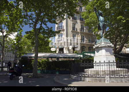 A statue of Marshal Ney stands next to La Closerie des Lilas, a favorite cafe of Ernest Hemingway, in the Montparnasse area of Paris, France. Stock Photo