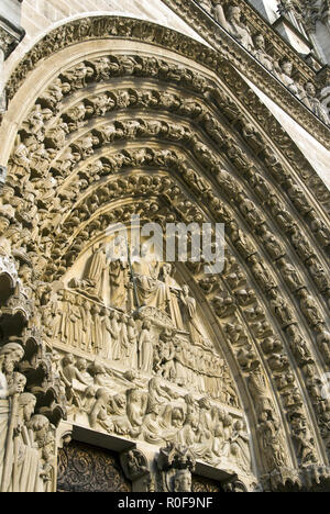 The central portal (door), the 'Portal of the Last Judgment,' on Notre Dame's west facade, Paris, France.
