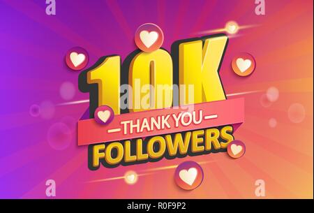 Thank you 10K followers banner. Thanks followers congratulation card. Vector illustration for Social Networks. Web user or blogger celebrates and tweets a large number of subscribers. Stock Vector