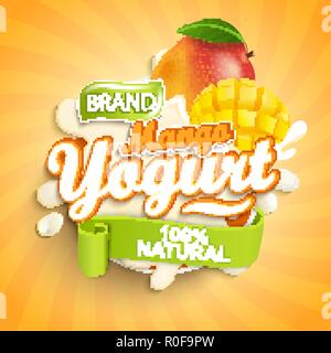 Fresh and Natural Mango Yogurt label splash on sunburst background for your brand, logo, template, label, emblem for groceries, agriculture stores, packaging and advertising. Vector illustration. Stock Vector
