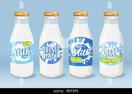 Set of milk glass bottles with different labels. Fresh and natural milk for your brand, logo, template, label, emblem for groceries, stores, packaging and advertising, marketing. Vector illustration. Stock Vector