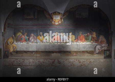 Fresco 'Last Supper' by Italian Mannerist painter Alessandro Allori (1582) in the refectory of the Convent of Santa Maria del Carmine in Florence, Tuscany, Italy. Stock Photo
