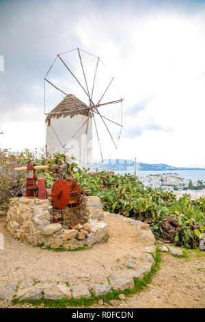 The famous windmill above the town of Mykonos, Greece Stock Photo