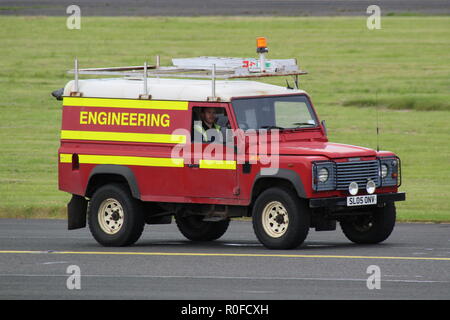 SL05 ONV (0618), a Land Rover 110 Defender operated by the Prestwick Airport engineering department. Stock Photo