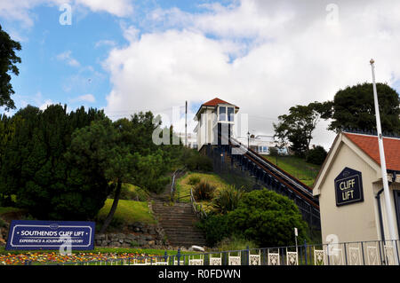 Southend on Sea Cliff Lift with sign saying Southend's Cliff Lift experience a journey in history. A funicular railway up cliffs with gardens Stock Photo