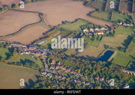 Aerial view of Wakes Colne, Essex, UK with Chappel and Wakes Colne railway station and East Anglian Railway Museum buildings and stock Stock Photo
