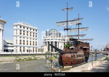 Ship Hotel Senigallia on banks of River Vardar, Skopje, Skopje Region, Republic of North Macedonia Stock Photo