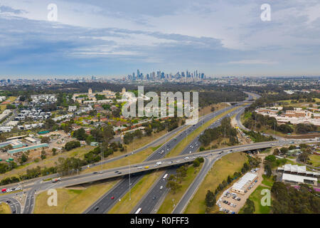 Aerial photo of highway traffic and Melbourne city Stock Photo