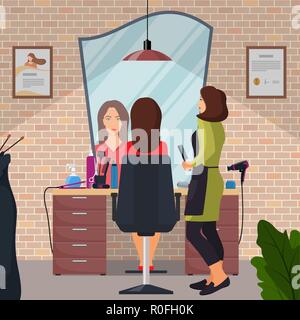 Hairdresser and woman client in beauty hairdressing salon. Chair, mirror, table, hairdressing tools, cosmetic products for hair care. Barber shop inte Stock Vector