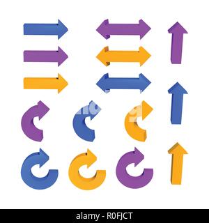 Set of arrows. Threedimensional. Purple, orange and blue Vector illustration. Stock Vector
