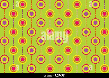 Seamless repeating background of multicolored circles and dashed lines Stock Vector