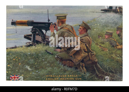 French historical postcard: British machine gun team in position. The soldiers are preparing to fire on the enemy. Waiting for the attack to begin. Stock Photo