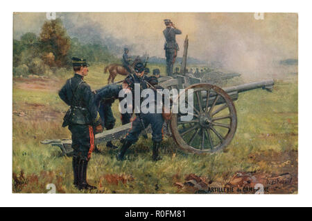 English historical postcard: artillery battery in position firing at the enemy. Artillery servants charge field 75 mm cannon.  world war one 1914-1918 Stock Photo