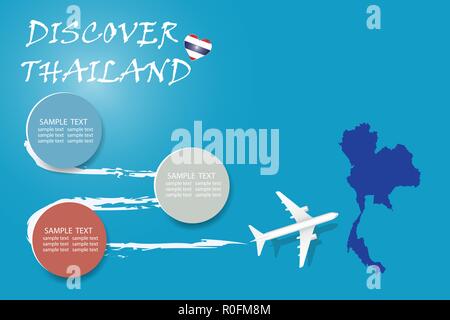 Discover Thailand  blank template with an airplane flying to the map of Thailand. The vector has a place for your photos or text. It can be used for t Stock Vector