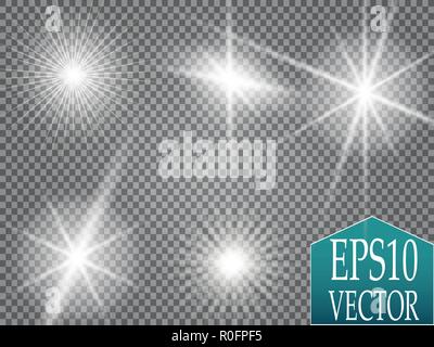 Isolated golden lens flare. Glow transparent vector light effect set, explosion, glitter, spark, sun flash, and star burst. Abstract translucent special element design. Shine semitransparent comet Stock Vector