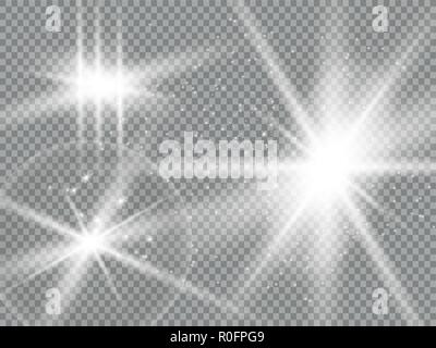 Isolated golden lens flare. Glow transparent vector light effect set, explosion, glitter, spark, sun flash, and star burst. Abstract translucent special element design. Shine semitransparent comet Stock Vector