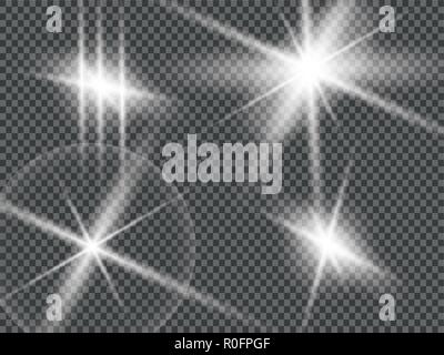 Isolated golden lens flare. Glow transparent vector light effect set, explosion, glitter, spark, sun flash, and star burst. Abstract translucent special element design. Shine semitransparent comet Stock Vector