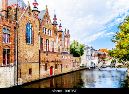 The historic step gables of the rear of Brugse Vrije building on the Groenerei Canal in the famous and historic city of Bruges, Belgium Stock Photo