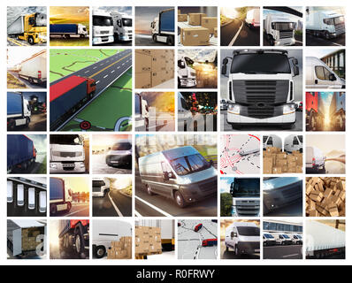 Collage composition with vans and trucks. Concept of transport and logistic Stock Photo