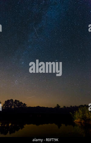 Blue dark night sky with many stars above field of trees. park. Milkyway cosmos background Stock Photo