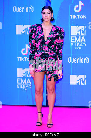 Dua Lipa attending the MTV Europe Music Awards 2018 held at the Bilbao Exhibition Centre, Spain. Stock Photo