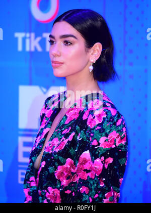 Dua Lipa attending the MTV Europe Music Awards 2018 held at the Bilbao Exhibition Centre, Spain. Stock Photo