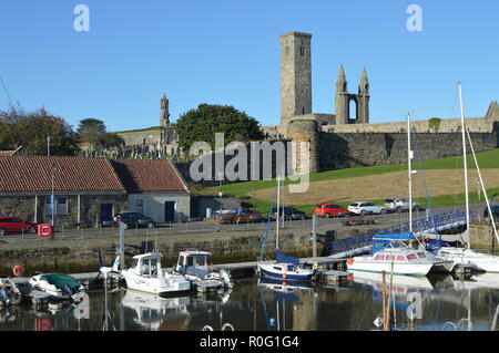 St Andrews Harbour with St Rules Tower, Fife, Scotland in November sunshine Stock Photo