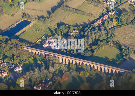 Aerial view of Chappel Viaduct, Wakes Colne. Essex, UK. Chappel Viaduct is a railway viaduct that crosses the River Colne in the Colne Valley in Essex Stock Photo