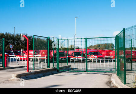 Royal Mail delivery vans parked up in compound at the main sorting office for the Fylde area .Blackpool Lancashire England UK Stock Photo