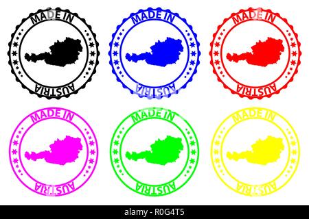 Made in Austria - rubber stamp - vector, Austria map pattern - black, blue, green, yellow, purple and red Stock Vector