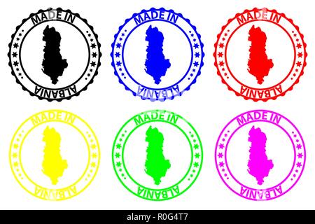 Made in Albania - rubber stamp - vector, Albania map pattern - black, blue, green, yellow, purple and red Stock Vector