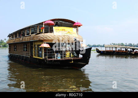 Double decker house boat wading through Alleppey back water, Kerala Stock Photo