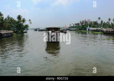 House boat wading through back waters of Alappuzha, Kerala Stock Photo