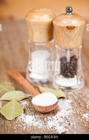 https://l450v.alamy.com/450v/r0ga3h/salt-and-pepper-in-spoon-and-shakers-bay-leaves-on-rustic-wooden-table-r0ga3h.jpg