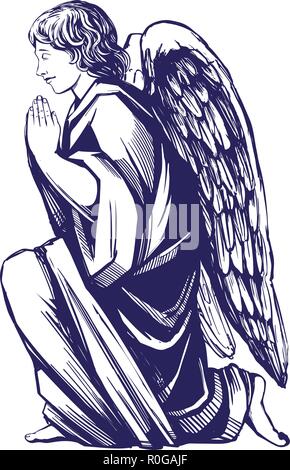 angel prays on his knees religious symbol of Christianity hand drawn vector illustration sketch Stock Vector