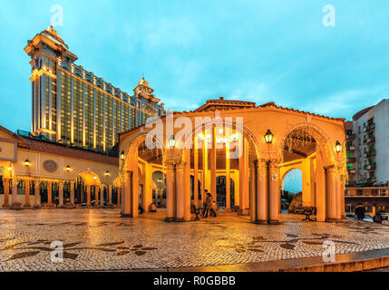 Macao, China - January 24, 2016: Located in the center of Macau city, old village Vila Da Taipa is sample of Portuguese architecture. Illuminated pavi Stock Photo