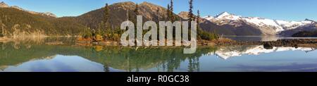 Wide Panoramic Scenic Landscape View of Garibaldi Lake and Distant Coast Mountains British Columbia Canada Stock Photo