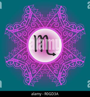 zodiac sign Scorpio - What is karma Vector circle with zodiac signs on ornate wallpaper. Oriental mandala motif square lase pattern, like snowflake or Stock Vector