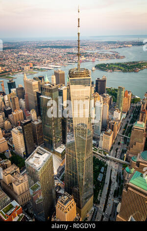 Lower Manhattan and Financial District skyline aerial view, New York Stock Photo
