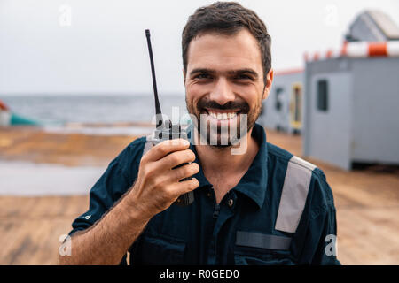 Marine Deck Officer or Chief mate on deck of vessel or ship Stock Photo