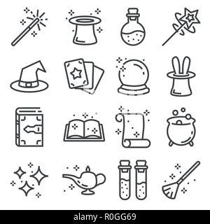 Vector line magic icons set. Contains such Icons as Magic Hat, Wand, Spell Book, Effect and more. Stock Vector