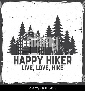 Happy hiker. Live, love, hike. Extreme adventure. Vector illustration. Concept for shirt or print, stamp. Vintage typography design with hiker, dog, forest cabin and forest silhouette on the night Stock Vector