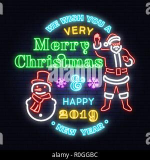 We wish you a very Merry Christmas and Happy New Year neon sign with snowman and Santa Claus. Vector. Neon design for xmas, new year emblem, bright signboard, light banner. Night signboard Stock Vector
