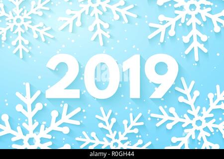 Happy New Year 2019 background. Snowflakes cut out of paper. Merry Christmas and Happy New Year. Template for your design. Vector illustration. EPS 10 Stock Vector