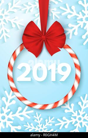Happy New Year 2019 banner. Christmas sweet spiral lollipop with red ribbon and bow. Cut out of paper snowflakes on a blue background. Vector illustra Stock Vector