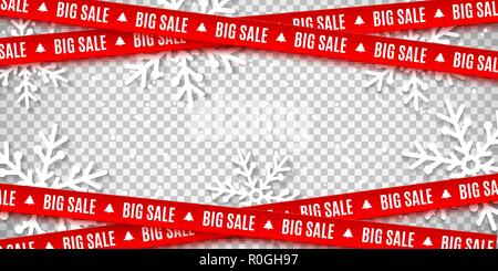Red ribbons for Christmas sale isolated on transparent background. Snowflakes cut out of paper. Big sale. Graphic elements. Vector illustration. EPS 1 Stock Vector