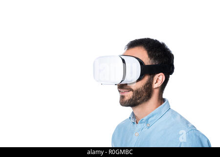 bearded man using vr technology isolated on white Stock Photo