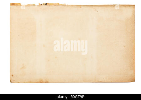 Sheet of old yellowed paper with inclusions, blemishes and uneven torn edges on white isolated background Stock Photo