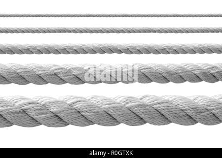 collection of various ropes string on white background. Stock Photo