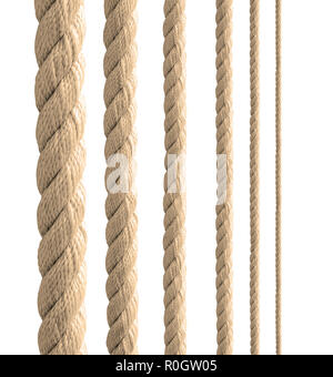 collection of various ropes string on white background. Stock Photo